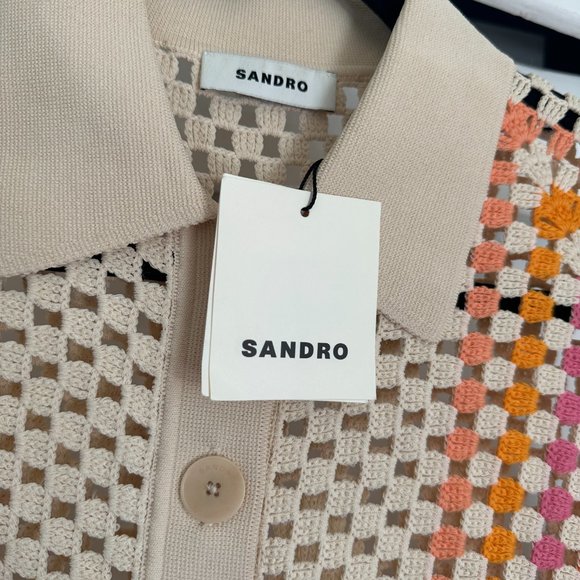 sandro sacramento crochet cardigan knit luke button down collared crop top - Picture 8 of 12